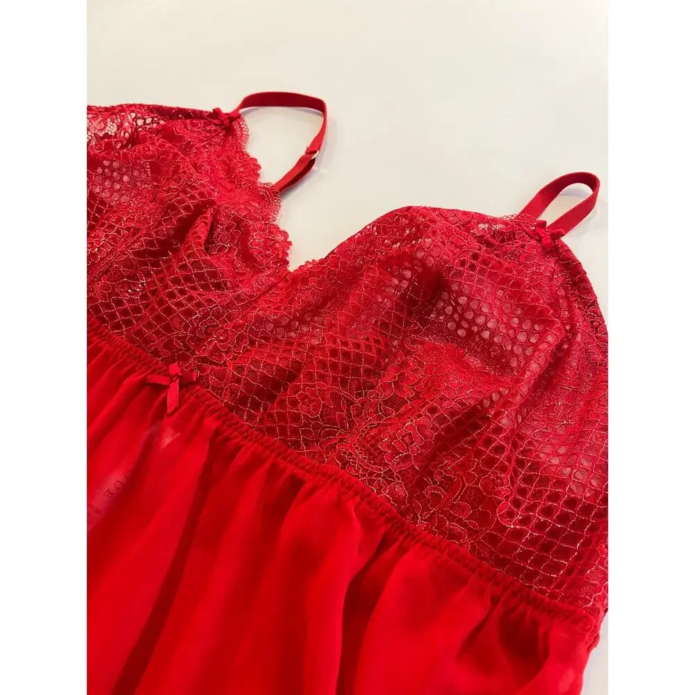 Cacique Red Lace Babydoll Chemise Lingerie Plus Size 26/28 Sheer Sleepwear